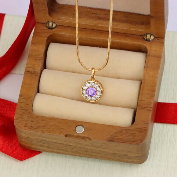 "Round Purple Crystal Pendant in Rose Gold with Halo, XPPT1590 - Picture 8 of 13